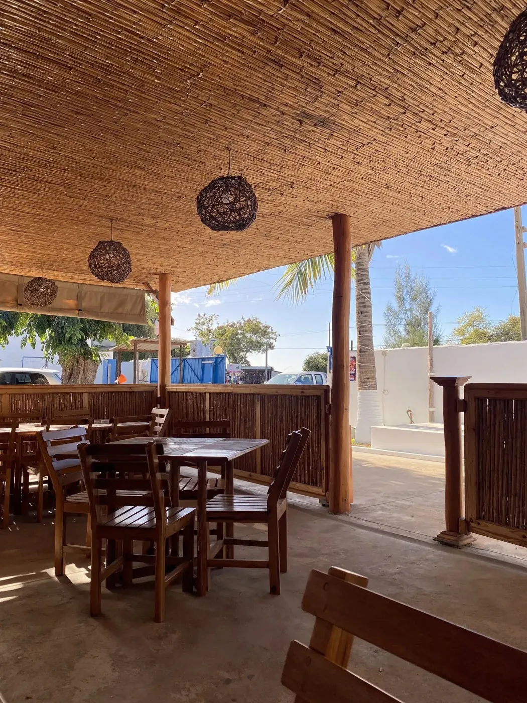 The restaurant terrace by day, with the reed roof, wicker lanterns and a coconut palm